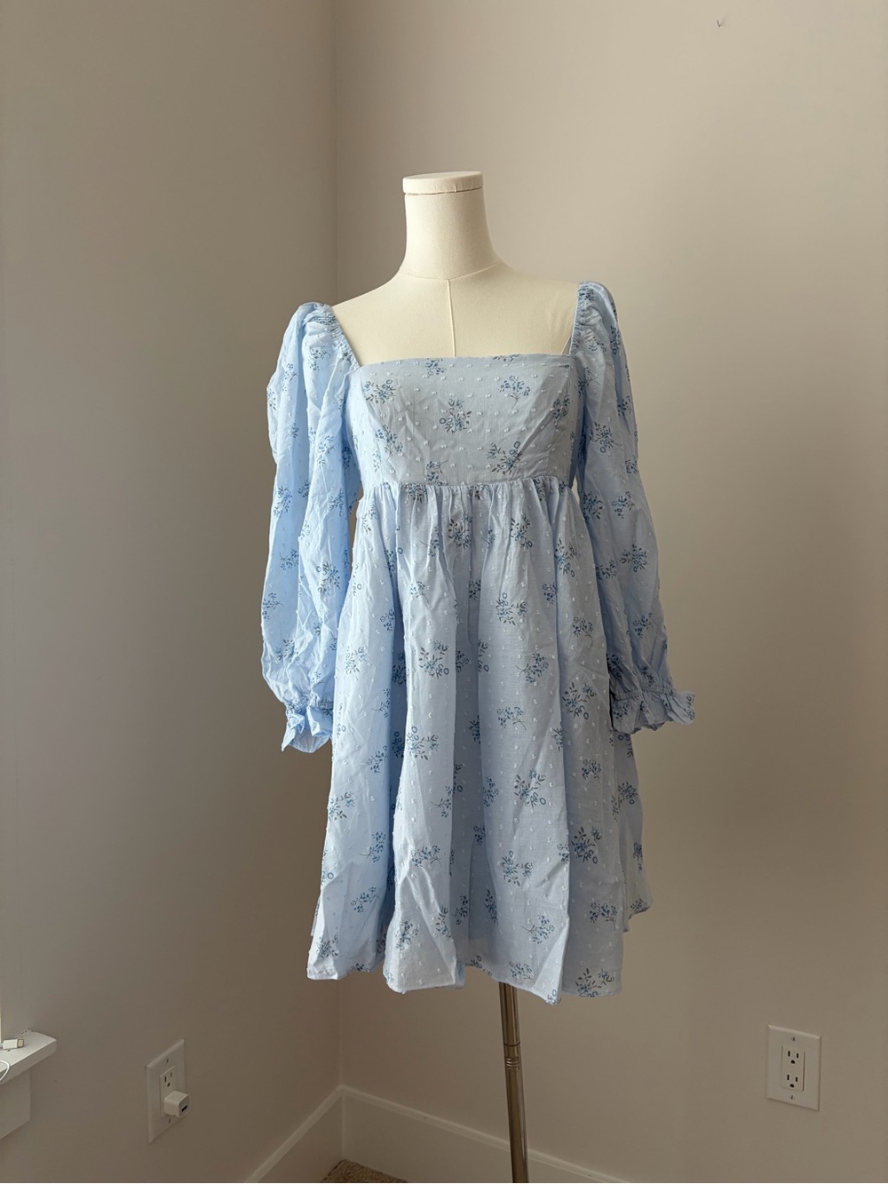 NEW Lulus Always Charming Light Blue Floral Swiss Dot Babydoll Dress - Size S